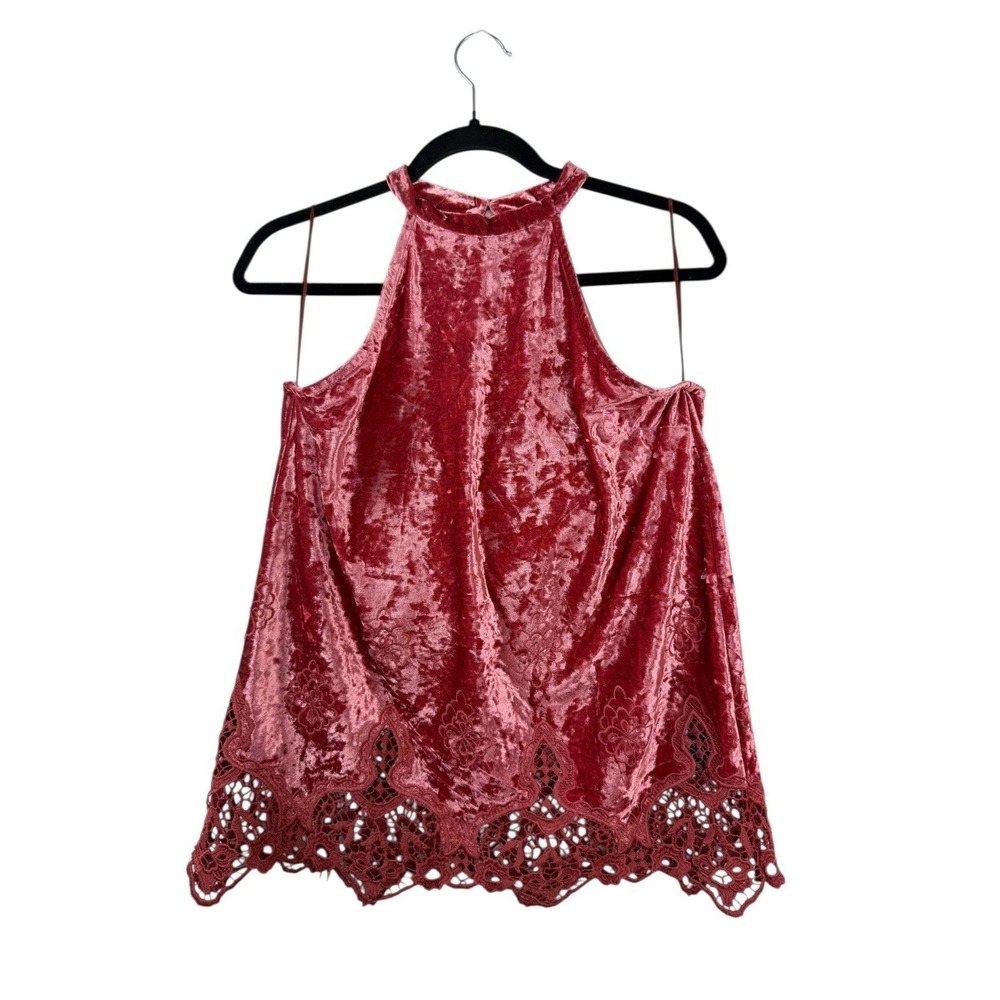Dark Pink Crushed Velvet Halter Top Crochet Trim Dark Fairy Whimsigoth Sz Sm EUC